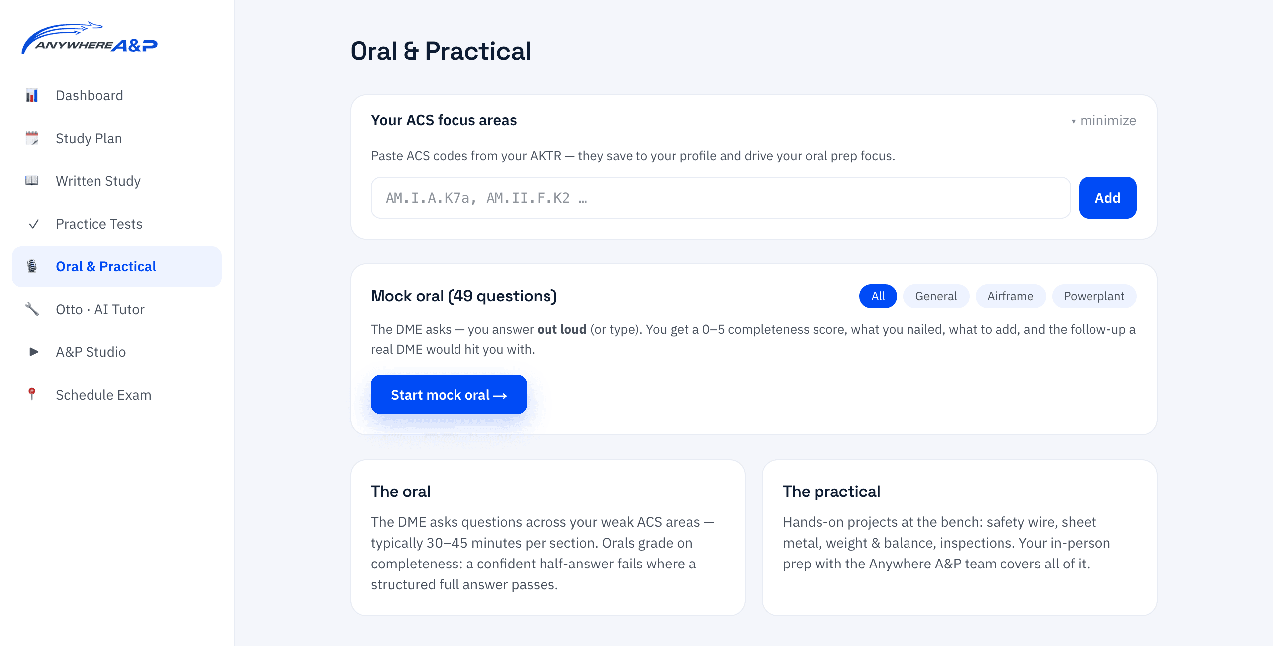 The Oral and Practical section of the app, offering a mock oral built from 49 questions that you answer out loud and get scored on
