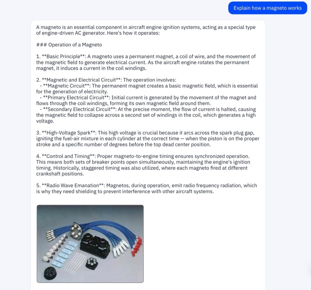 Otto, the in-app AI tutor, explaining how a magneto works with the wiring figure pulled from the FAA handbook
