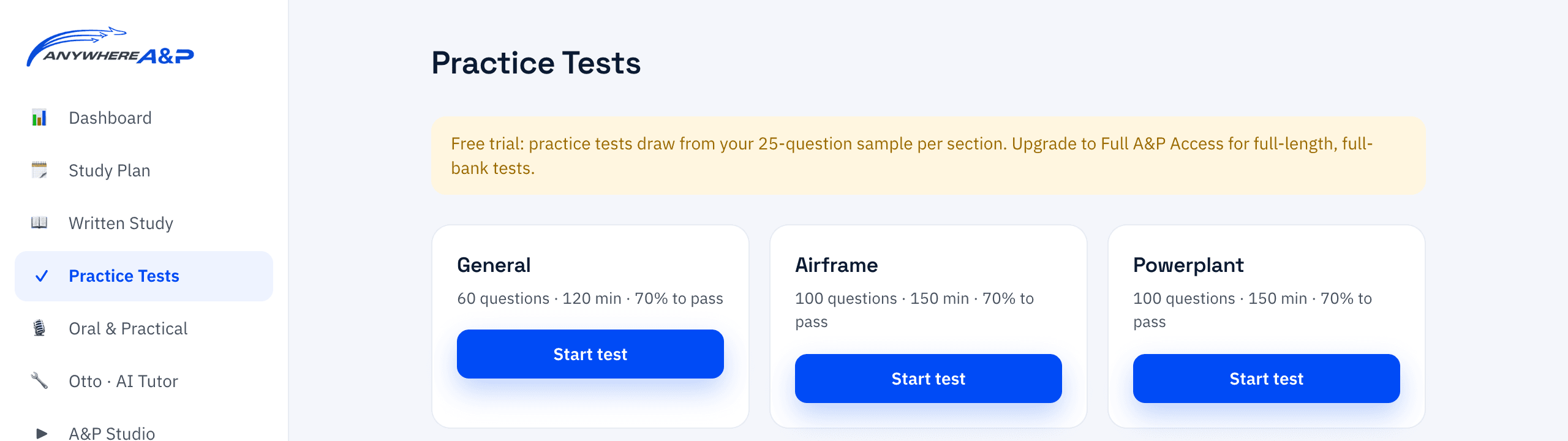 The practice tests page showing General at 60 questions and 120 minutes, Airframe and Powerplant at 100 questions and 150 minutes, all at 70 percent to pass